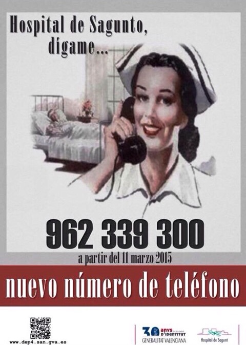 El CECOVA pide la retirada de un cartel del Hospital de Sagunto con una imagen sexista y trasnochada de una trabajadora sanitaria como telefonista